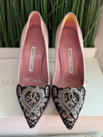 Manolo Blahnik Geronti Pink/black Satin And Lace Gerontiushi Pumps Size 36.5