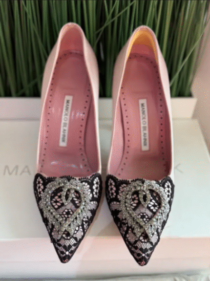 Manolo Blahnik Geronti Pink/black Satin And Lace Gerontiushi Pumps Size 36.5