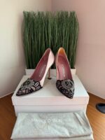 Manolo Blahnik Geronti Pink/black Satin And Lace Gerontiushi Pumps Size 36.5 - Image 5