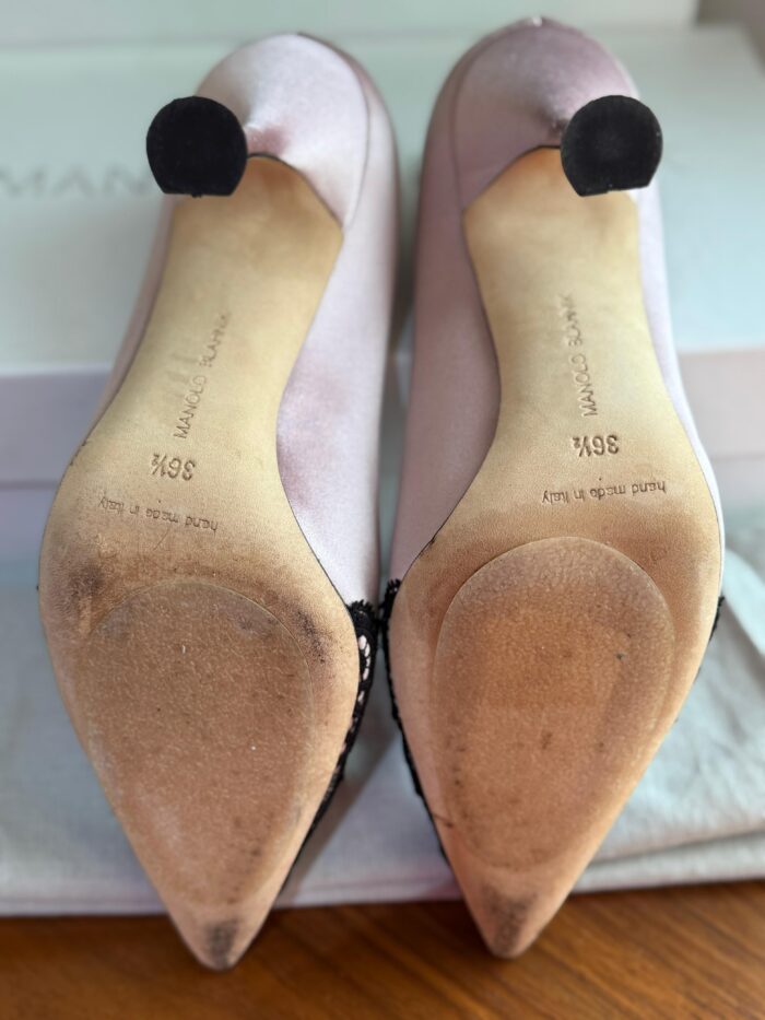 Manolo Blahnik Geronti Pink/black Satin And Lace Gerontiushi Pumps Size 36.5 - Image 4